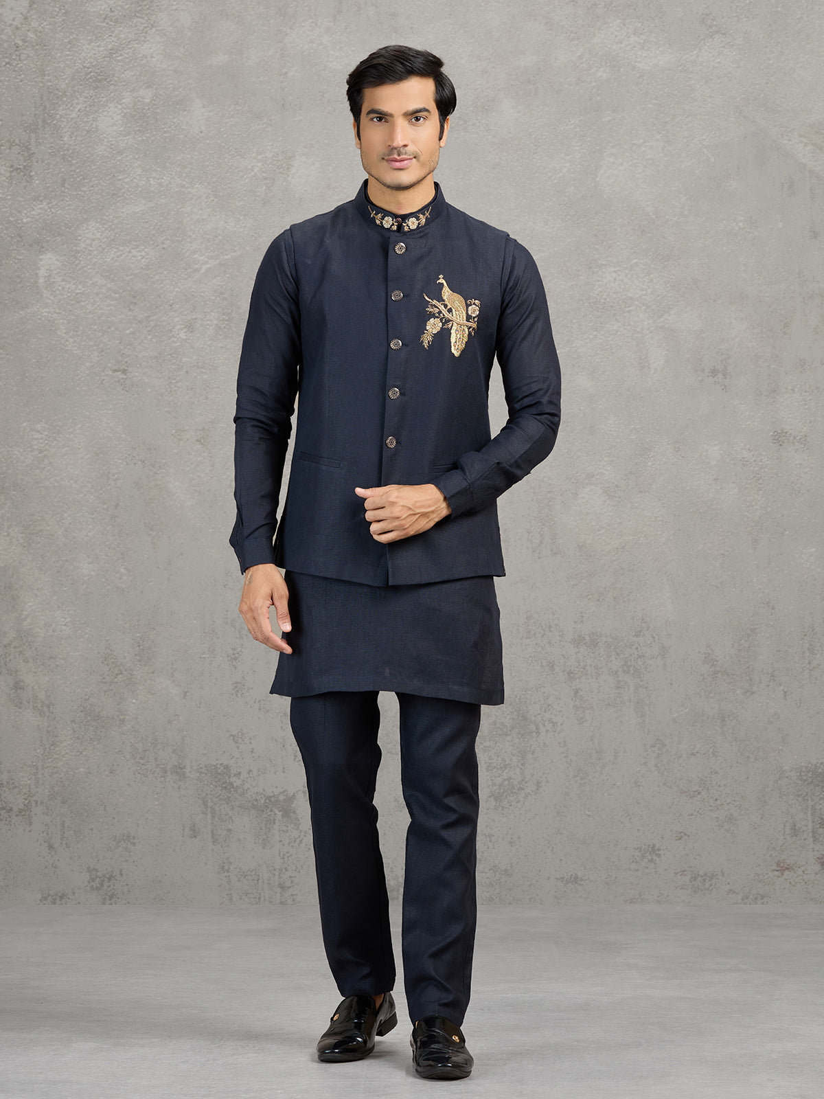 Navy blue festive linen waistcoat set