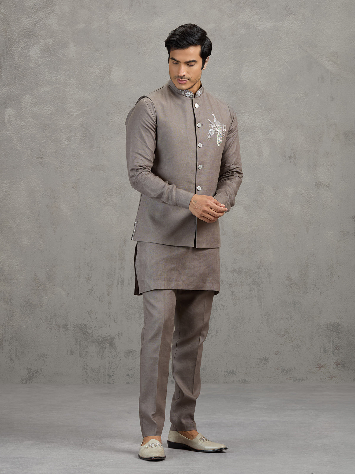 Cement grey linen waistcoat set for men