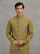 Mehendi green textured linen waistcoat set