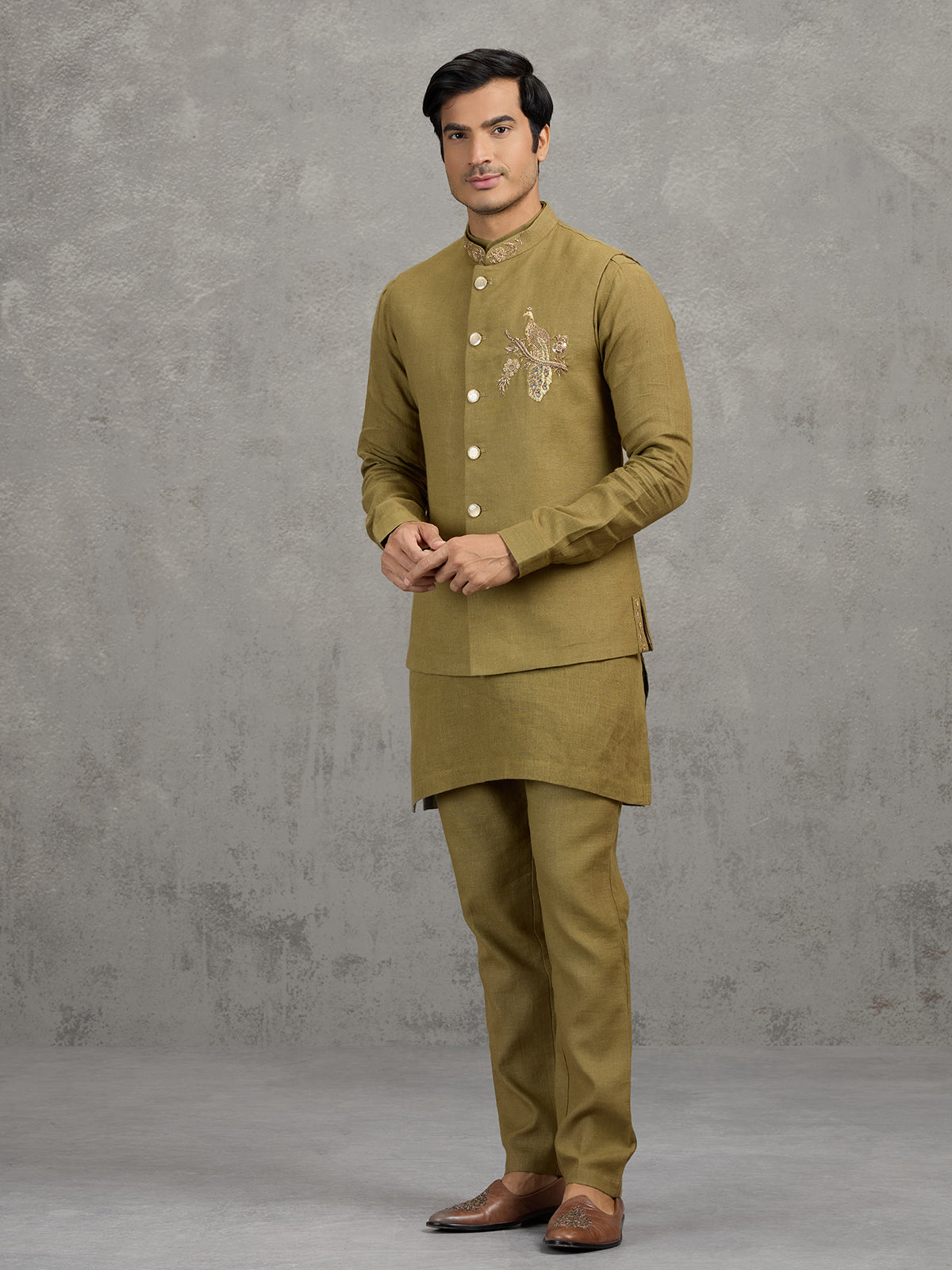 Mehendi green textured linen waistcoat set