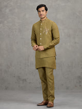 Mehendi green textured linen waistcoat set