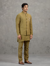 Mehendi green textured linen waistcoat set
