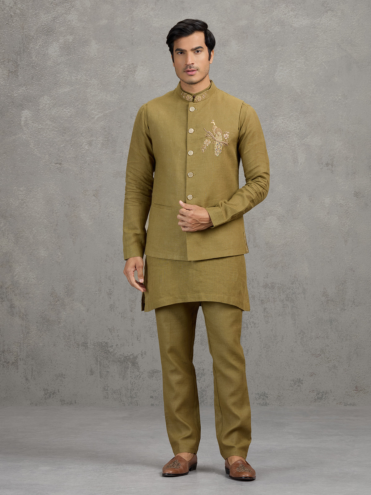 Mehendi green textured linen waistcoat set