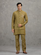 Mehendi green textured linen waistcoat set