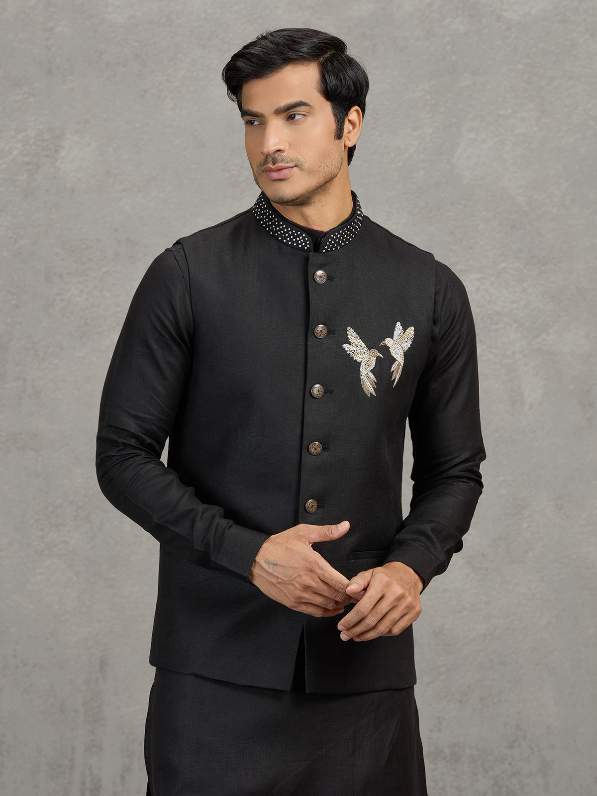 Black linen waistcoat set for wedding wear
