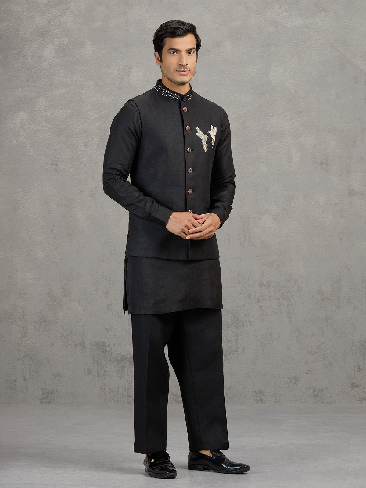 Black linen waistcoat set for wedding wear