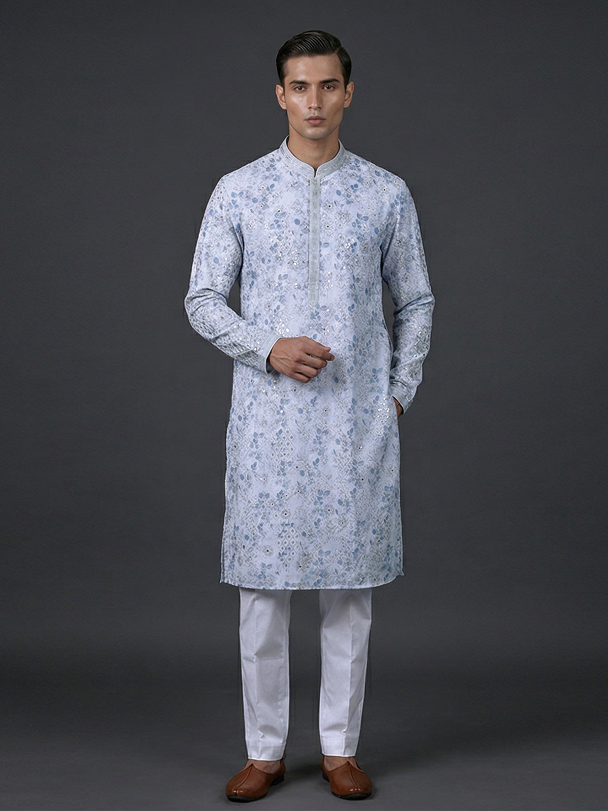 White floral printed cotton silk resham work kurta suit