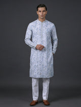 White floral printed cotton silk resham work kurta suit
