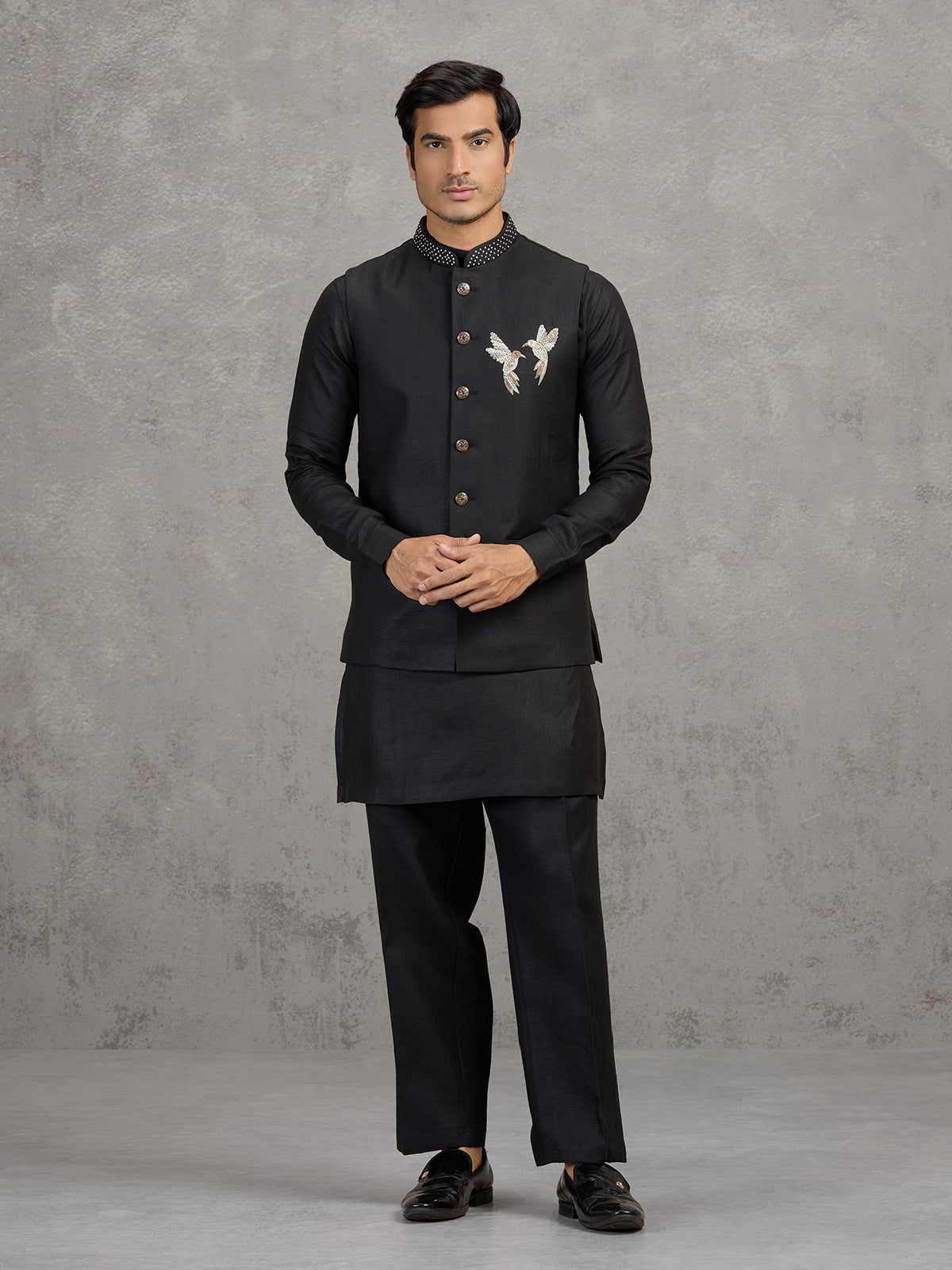 Black linen waistcoat set for wedding wear