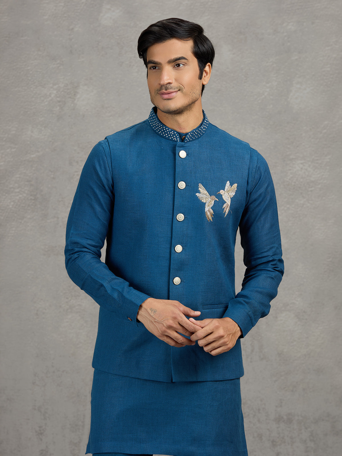 Teal blue reception wear linen waistcoat set