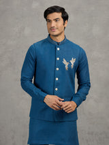 Teal blue reception wear linen waistcoat set