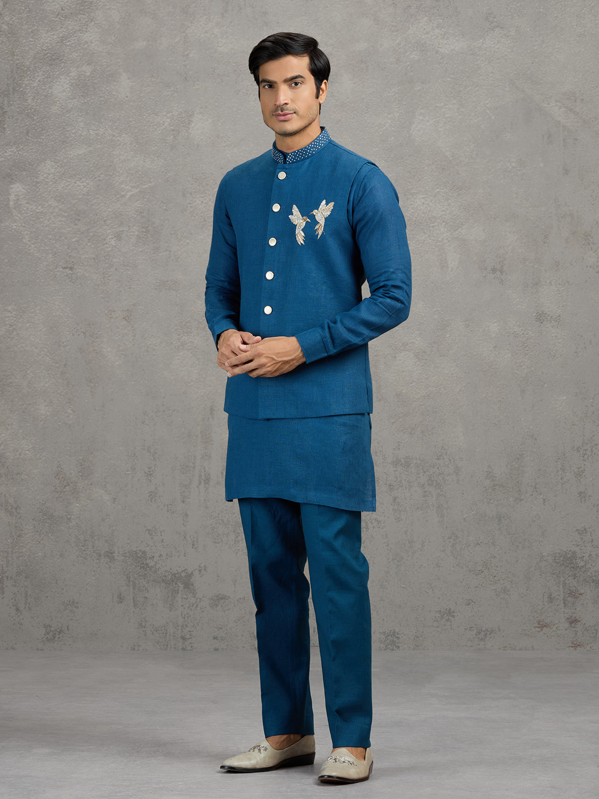 Teal blue reception wear linen waistcoat set