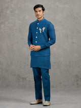 Teal blue reception wear linen waistcoat set