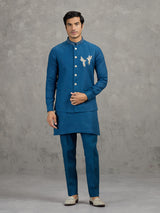 Teal blue reception wear linen waistcoat set