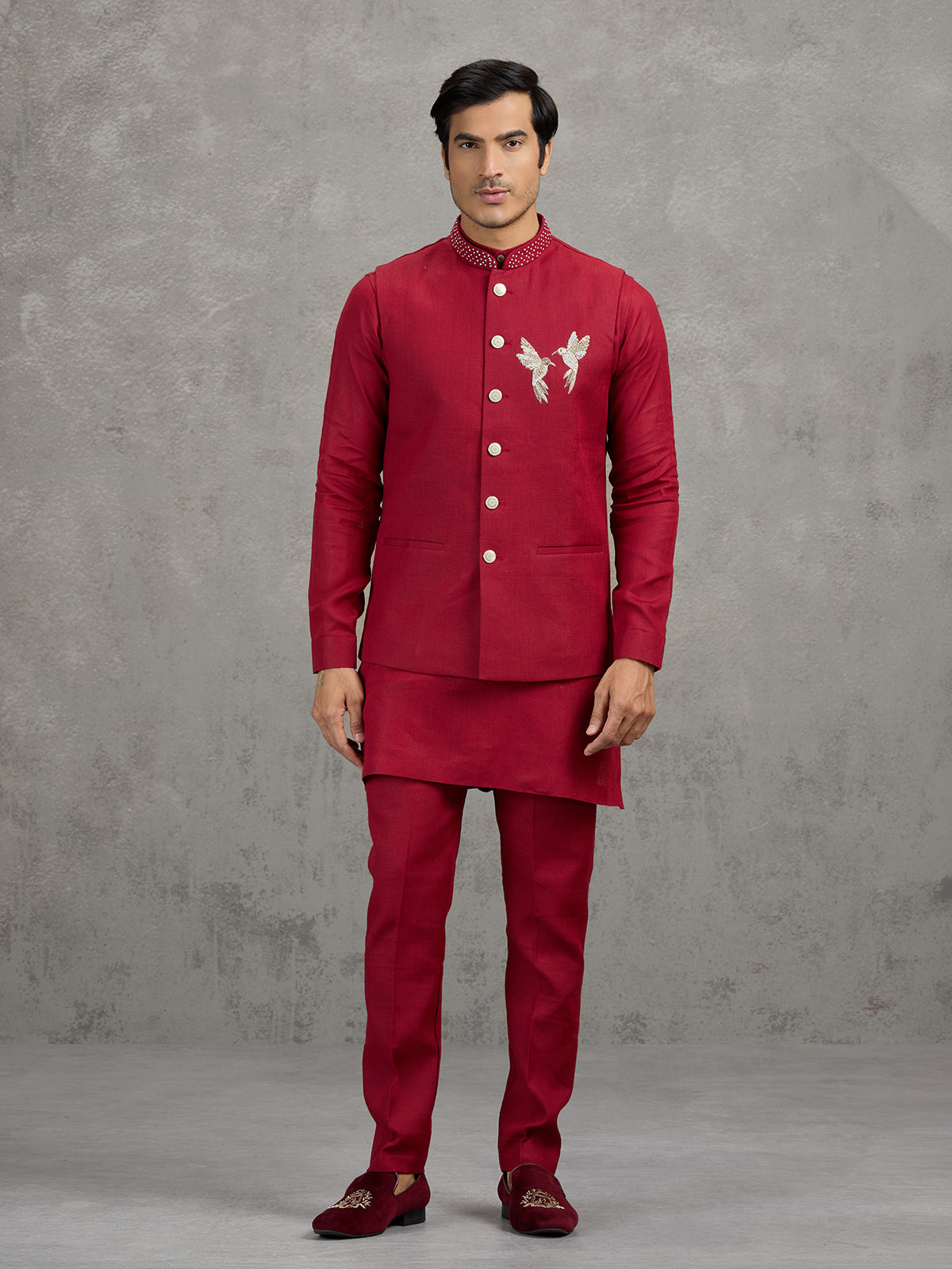 Red festive linen waistcoat set for men
