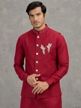 Red festive linen waistcoat set for men
