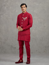 Red festive linen waistcoat set for men