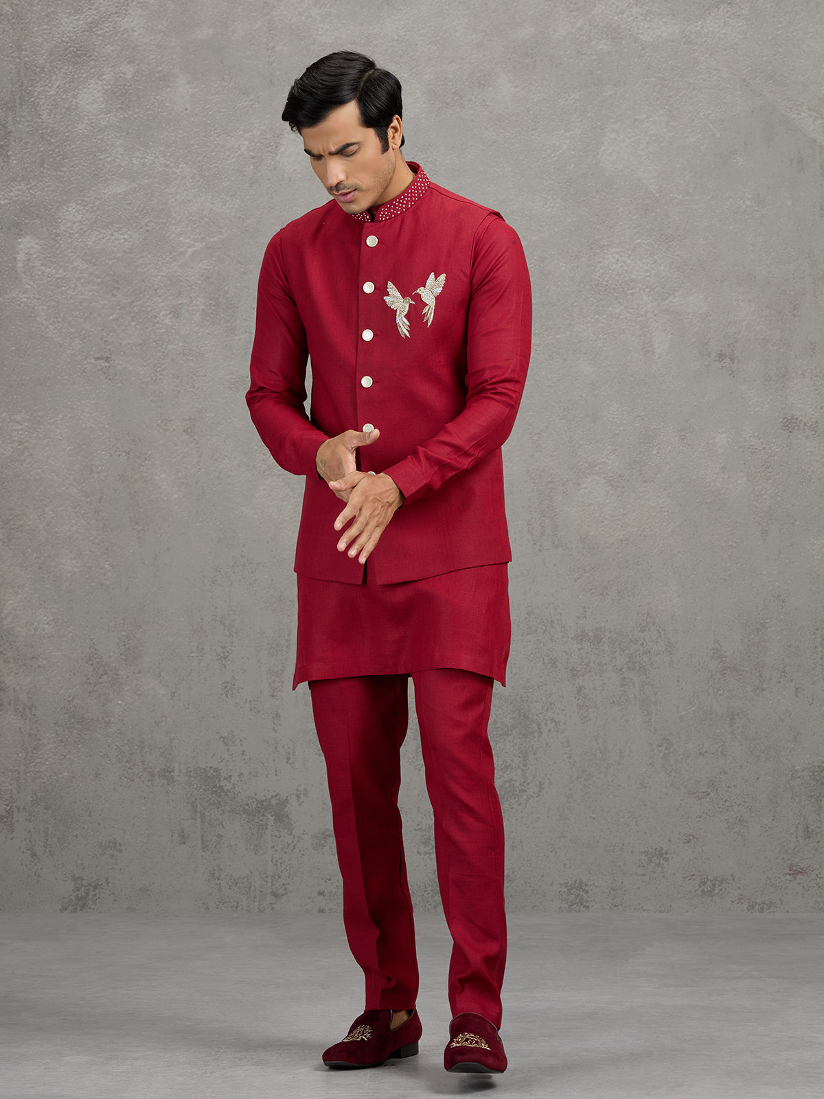 Red festive linen waistcoat set for men