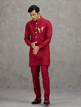 Red festive linen waistcoat set for men