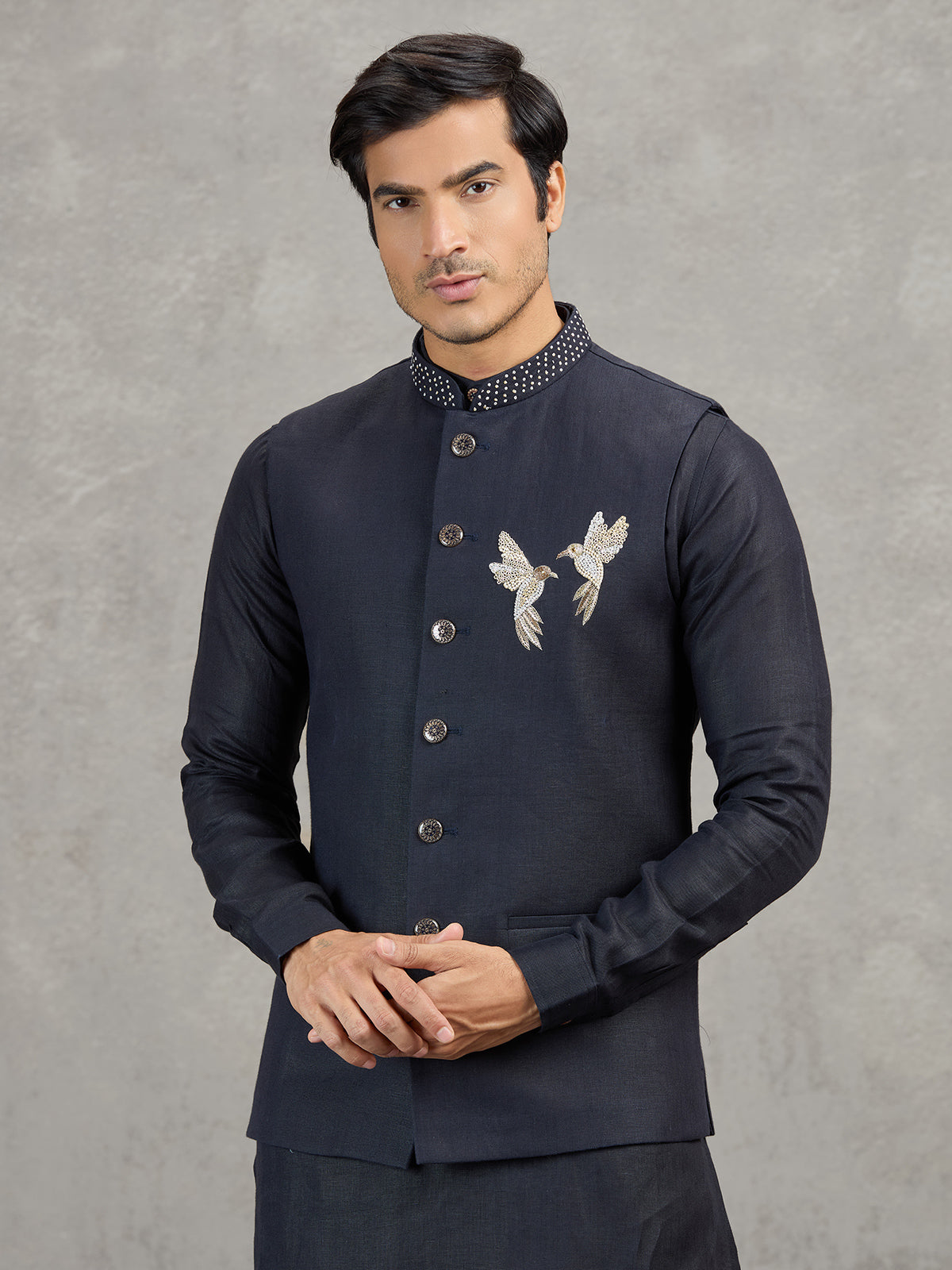 Navy blue linen waistcoat set for men