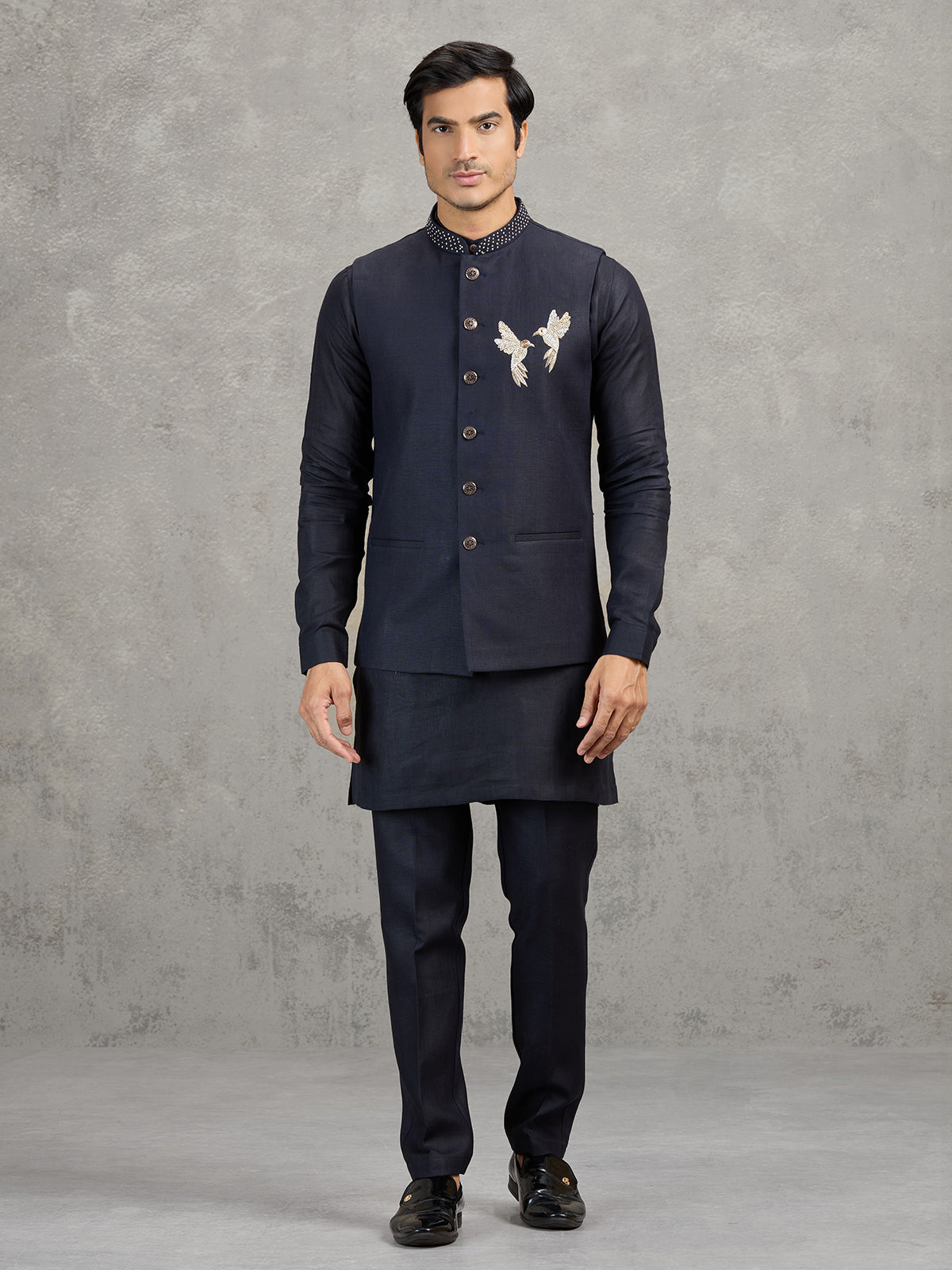 Navy blue linen waistcoat set for men