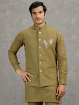 Mehendi green festive linen waistcoat set