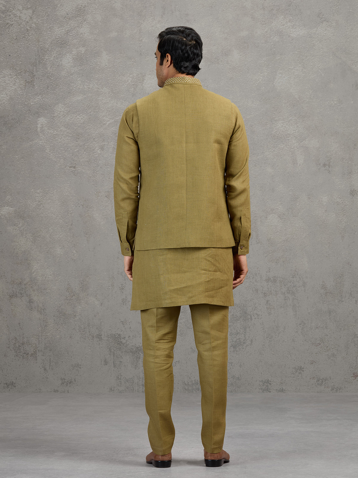 Mehendi green festive linen waistcoat set