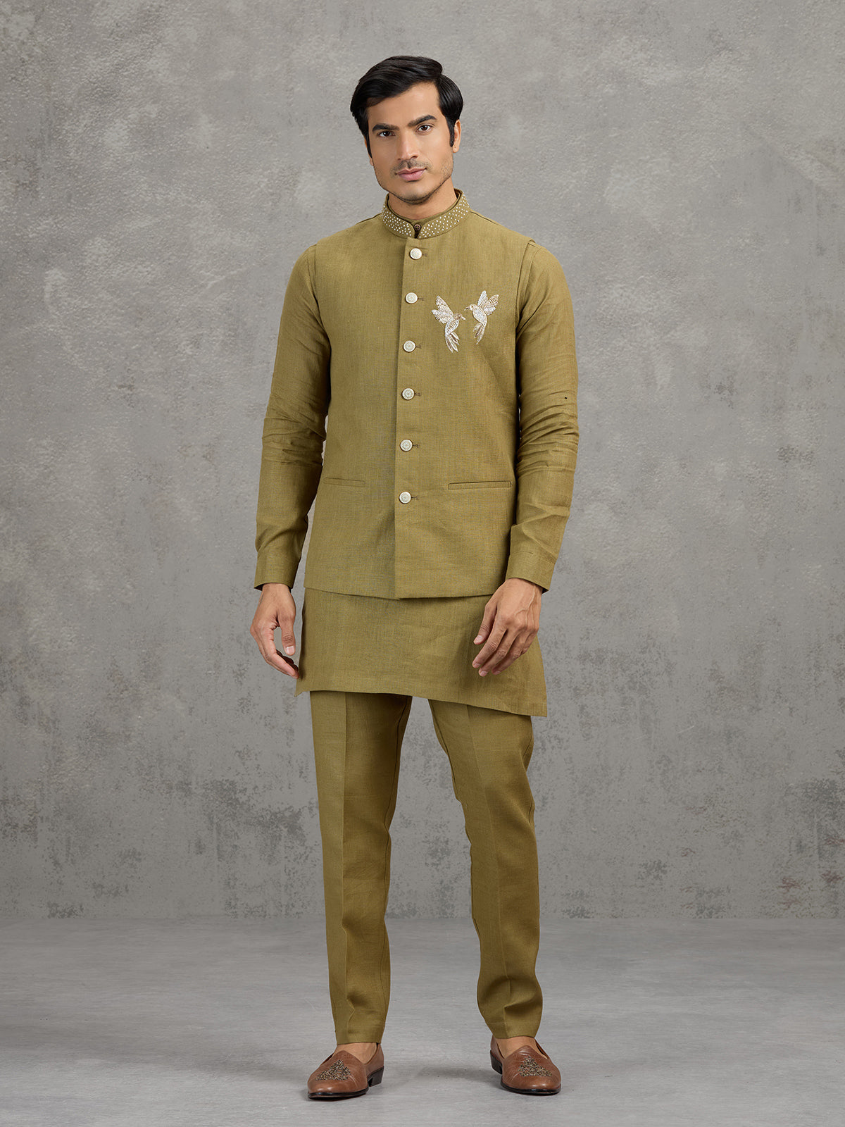Mehendi green festive linen waistcoat set