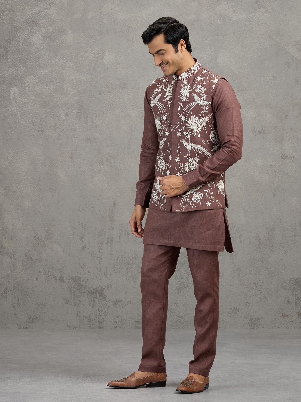 Light brown embroidered linen waistcoat set