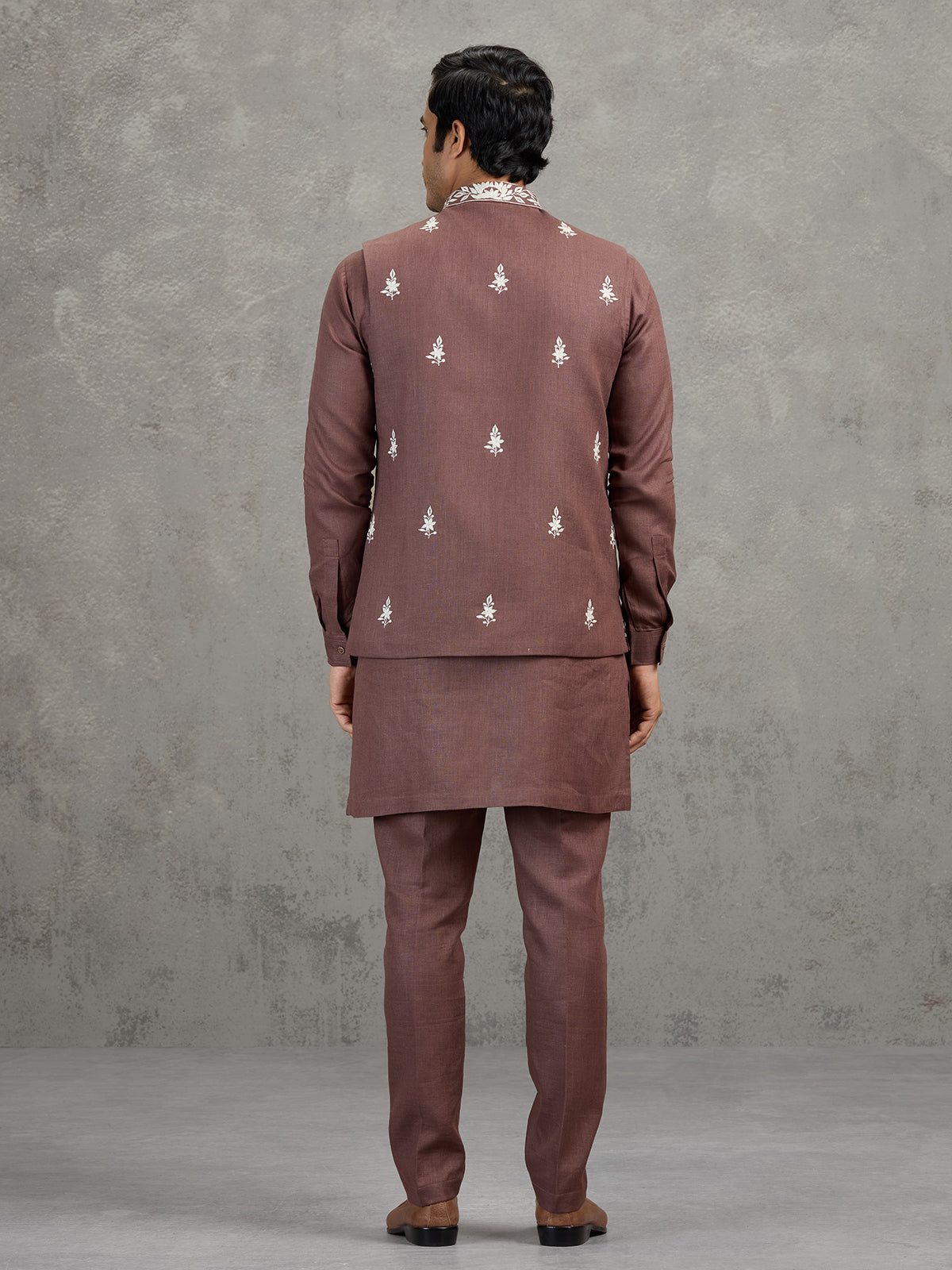 Light brown embroidered linen waistcoat set