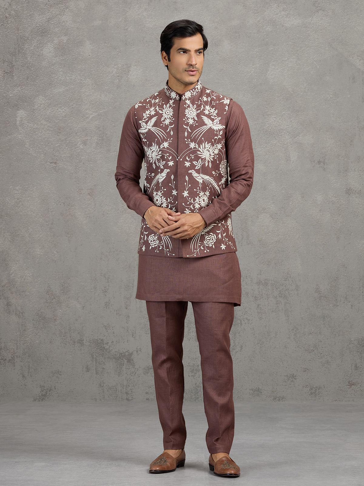Light brown embroidered linen waistcoat set