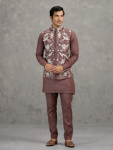 Light brown embroidered linen waistcoat set