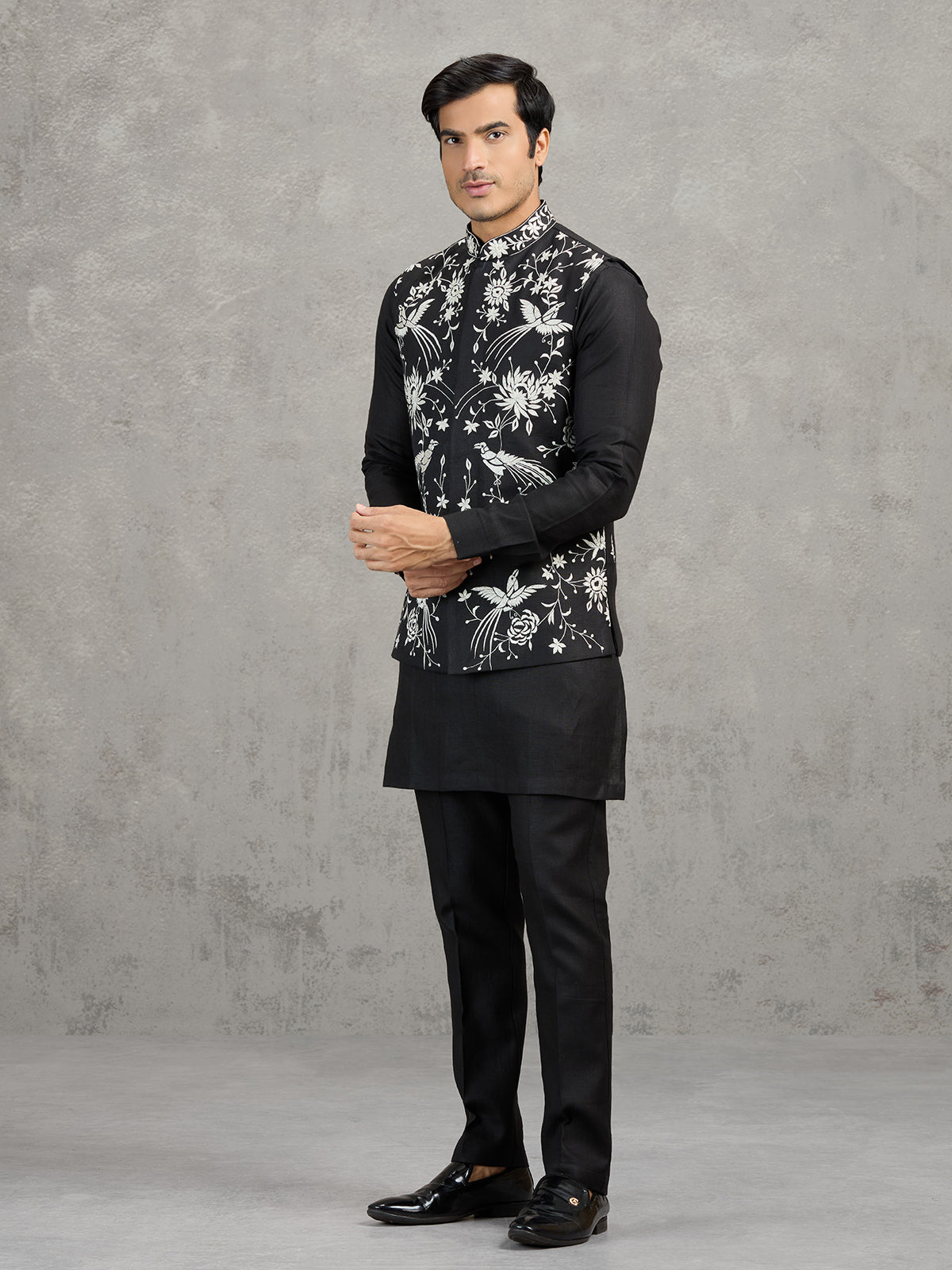 Black linen waistcoat set with intricate resham embroidery