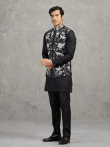 Black linen waistcoat set with intricate resham embroidery