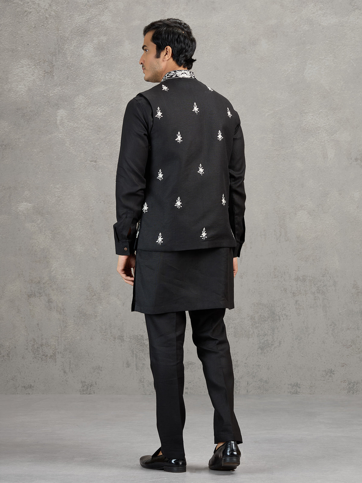 Black linen waistcoat set with intricate resham embroidery