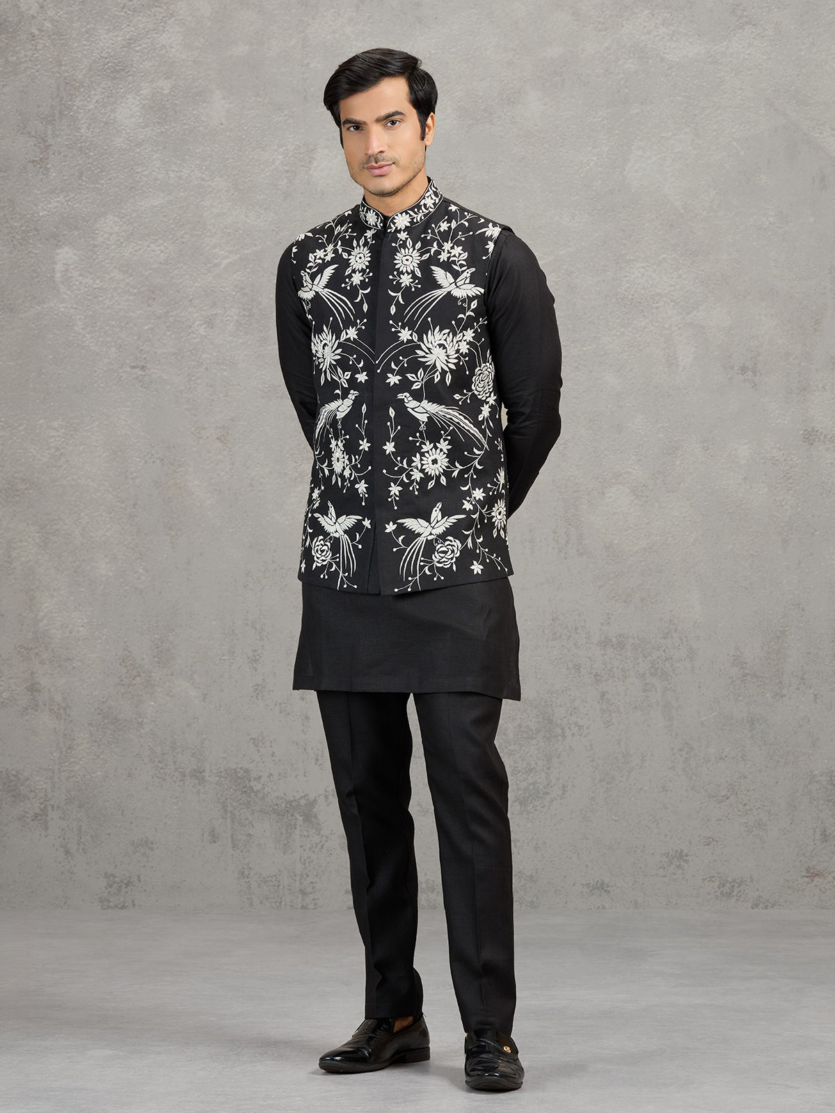 Black linen waistcoat set with intricate resham embroidery