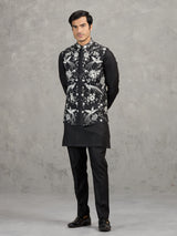 Black linen waistcoat set with intricate resham embroidery
