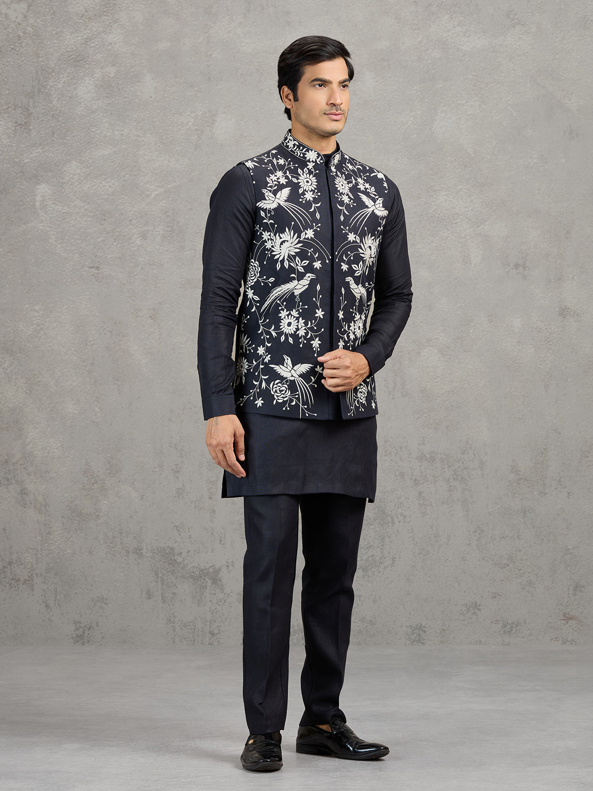 Navy linen waistcoat set with detailed resham work