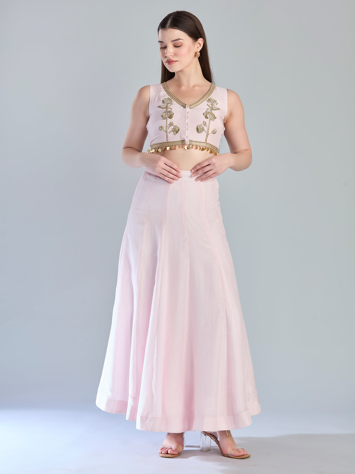 Pastel pink silk kundan zardosi designer lehenga choli ensemble