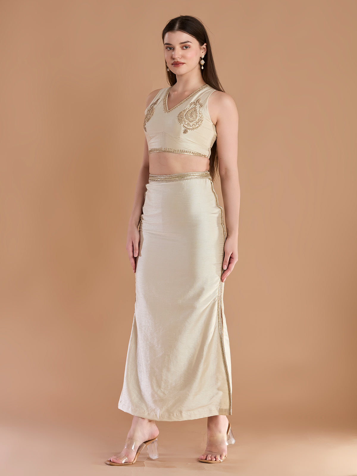 Ivory silk indo western trending lehenga maxi silhouette
