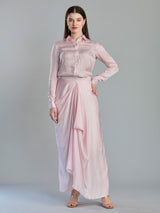Graceful blush pink satin silk designer drape skirt set