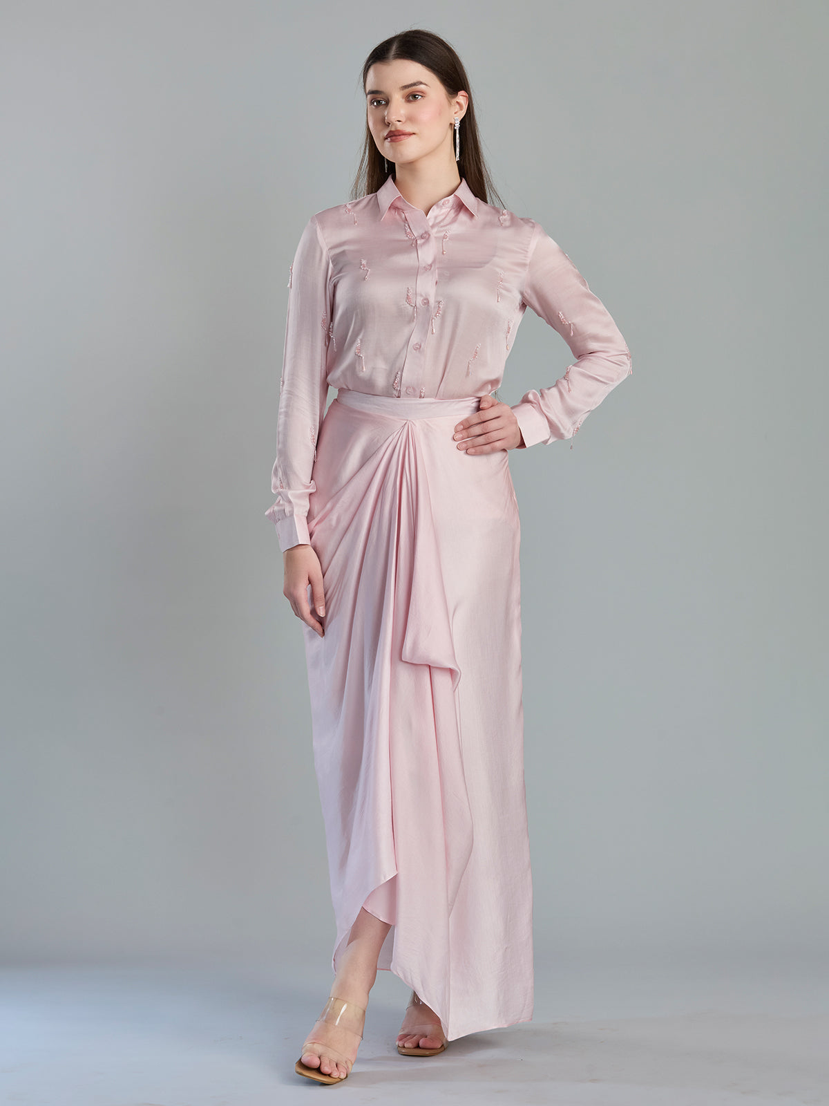 Graceful blush pink satin silk designer drape skirt set