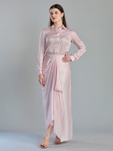 Graceful blush pink satin silk designer drape skirt set