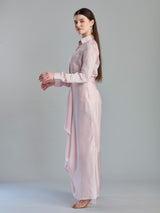 Graceful blush pink satin silk designer drape skirt set