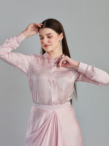 Graceful blush pink satin silk designer drape skirt set
