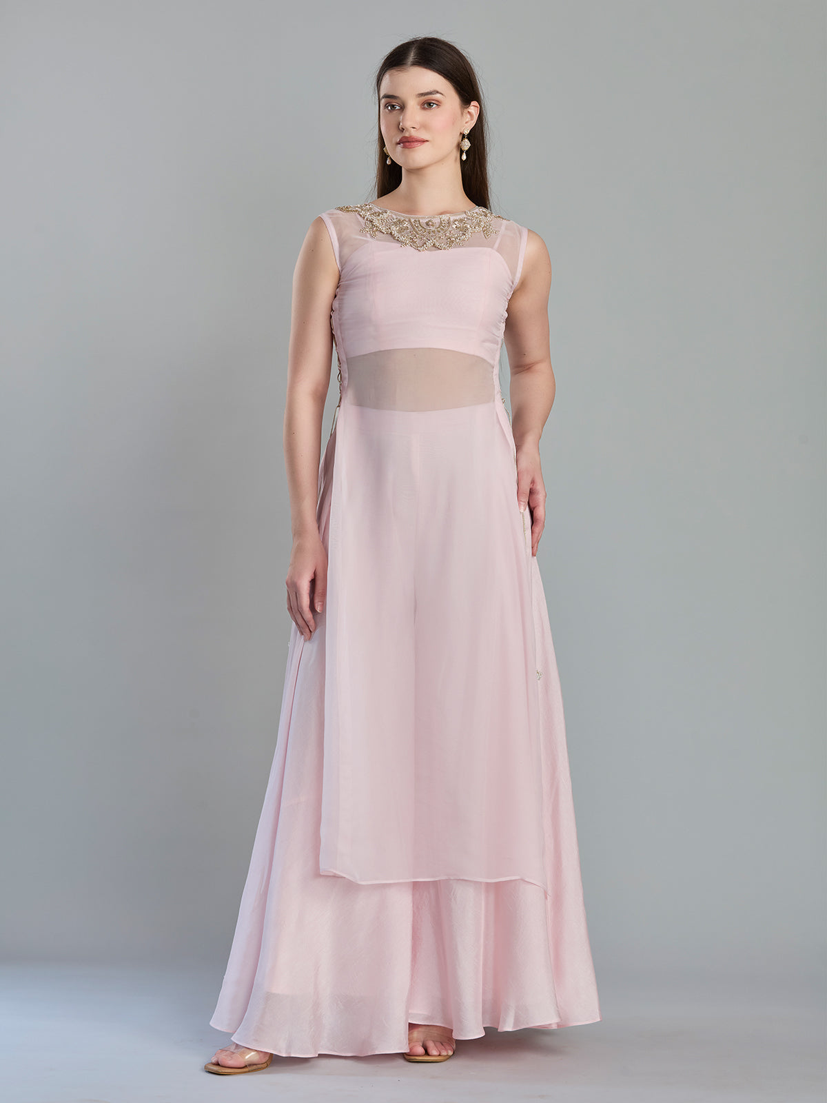 Charming blush pink organza designer kurti palazzo set