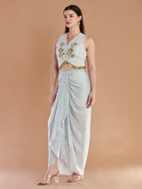 Stylish ivory satin silk indo western drape dhoti set