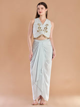 Stylish ivory satin silk indo western drape dhoti set