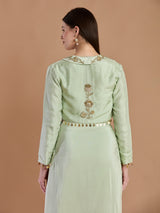 Modern sage green crepe designer jacket skirt ensemble
