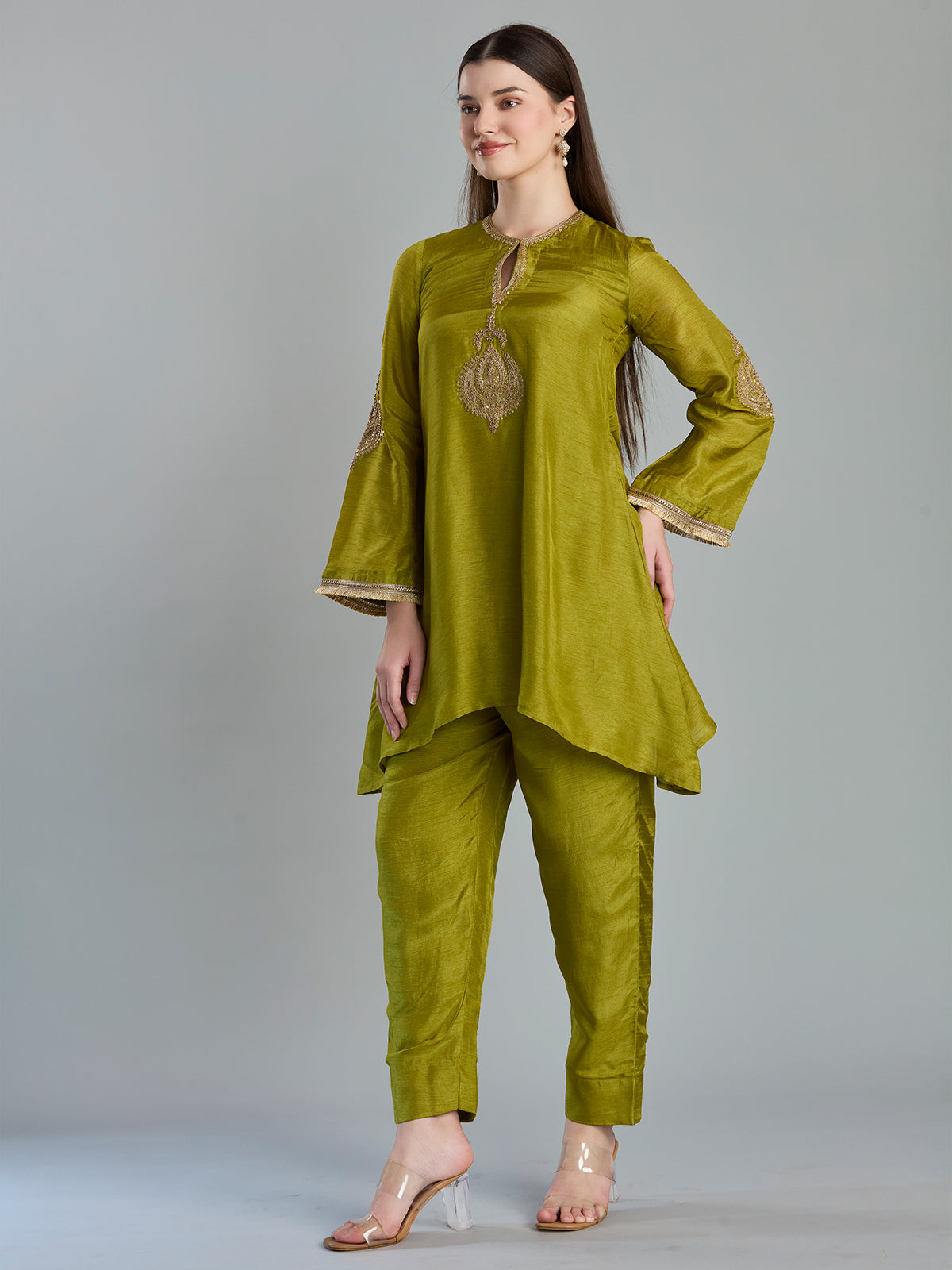 Refined light olive chanderi apple cut salwar suit